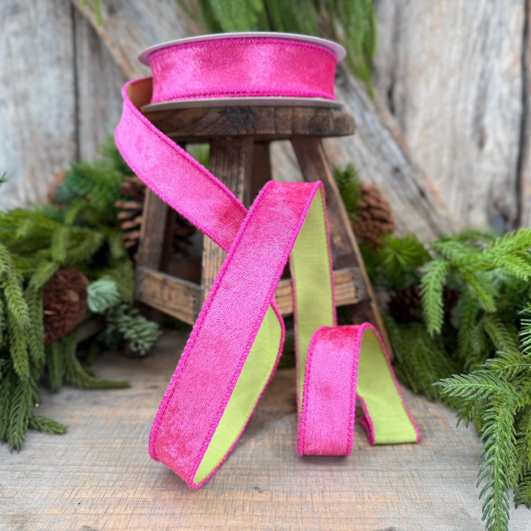 1" Hot Pink Velvet &amp; Lime Green Dupioni Double-Sided Wired Ribbon, 10 Yard Roll