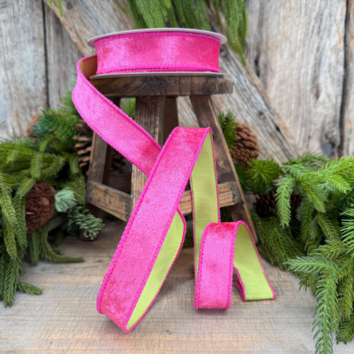 1" Hot Pink Velvet &amp; Lime Green Dupioni Double-Sided Wired Ribbon, 10 Yard Roll