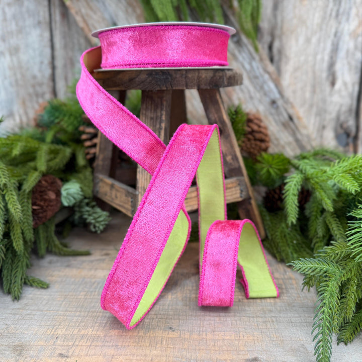1" Hot Pink Velvet &amp; Lime Green Dupioni Double-Sided Wired Ribbon, 10 Yard Roll