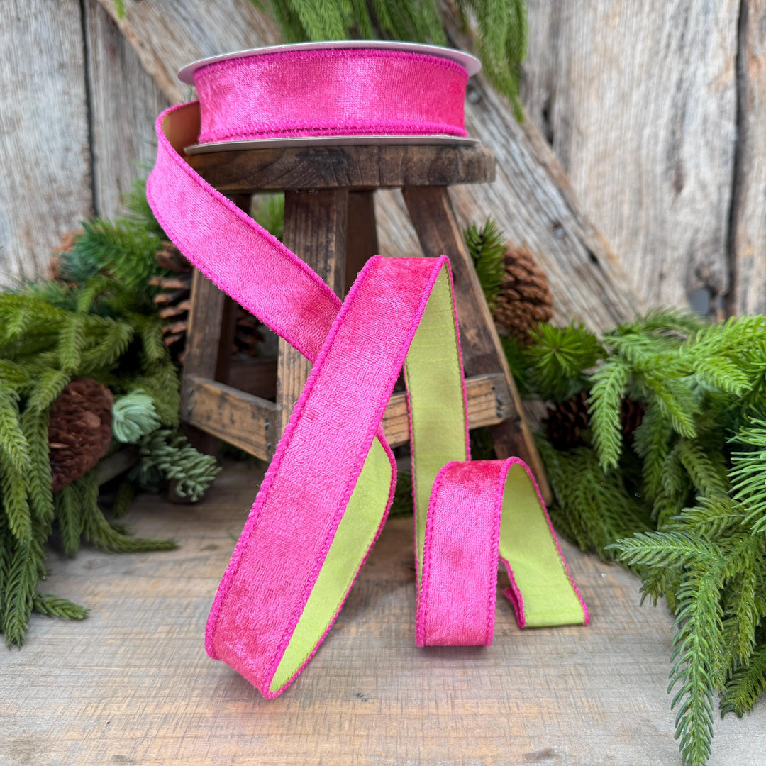 1" Hot Pink Velvet &amp; Lime Green Dupioni Double-Sided Wired Ribbon, 10 Yard Roll