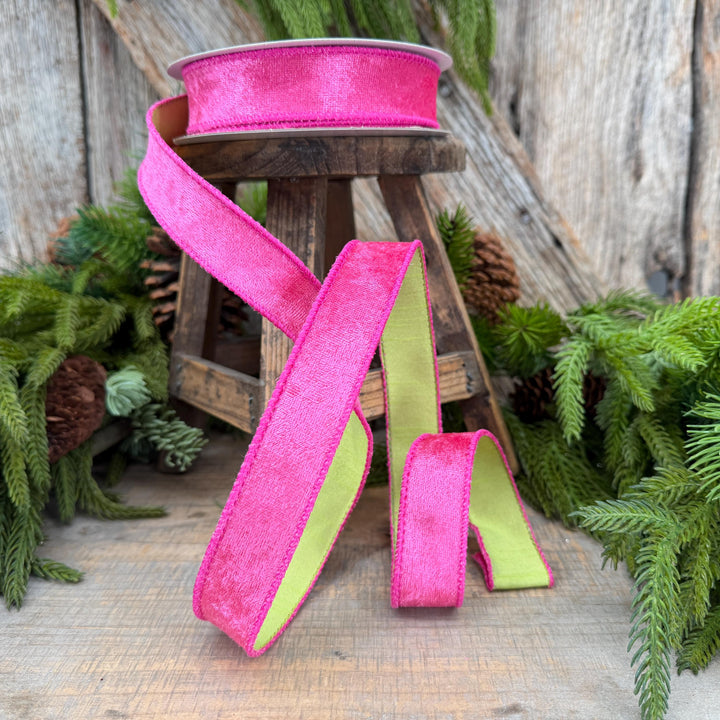 1" Hot Pink Velvet &amp; Lime Green Dupioni Double-Sided Wired Ribbon, 10 Yard Roll