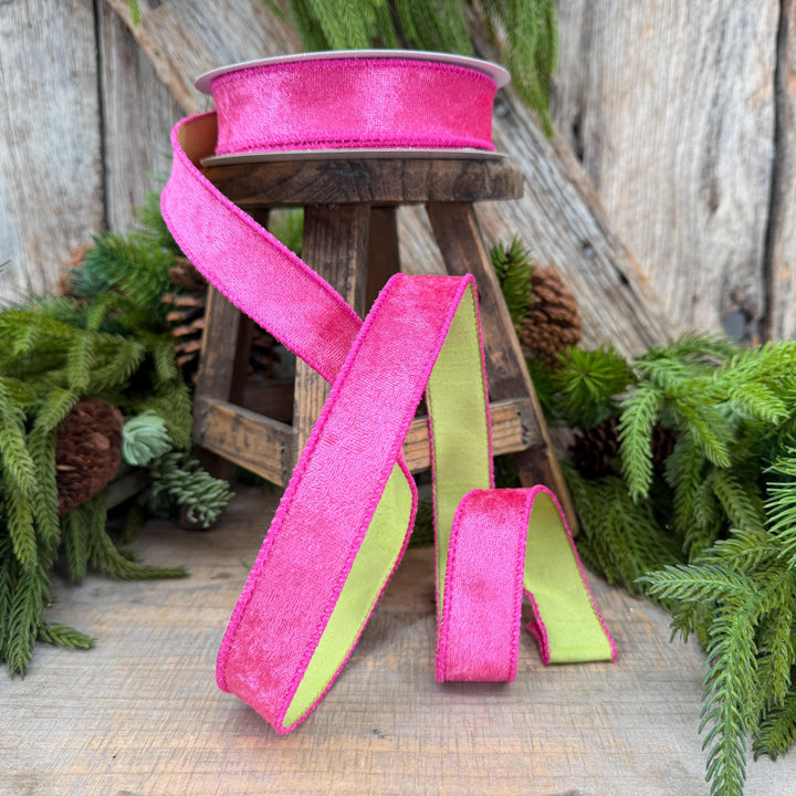 1" Hot Pink Velvet &amp; Lime Green Dupioni Double-Sided Wired Ribbon, 10 Yard Roll