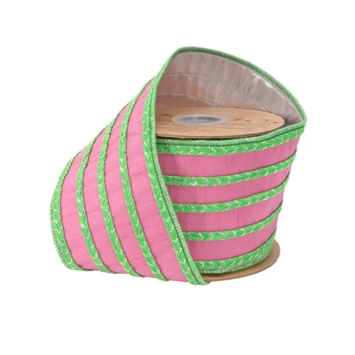4" Pink Dupioni Wired Ribbon with Green Fiveway Trim &amp; Metallic Backing, 10 Yard Roll