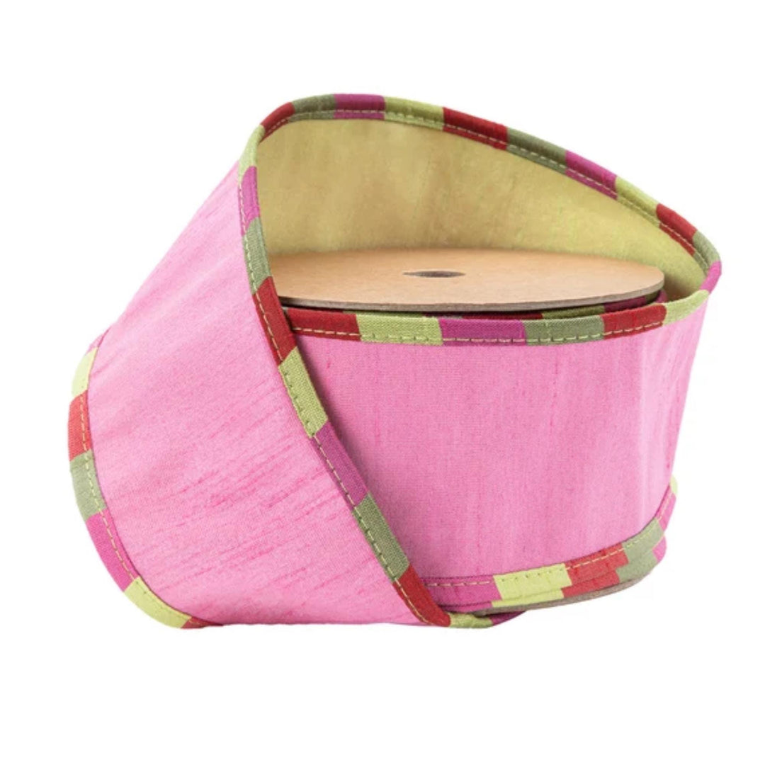 2.5" Pink &amp; Apple Green Reversible Dupioni Wired Ribbon with Aspen Check Trim, 10 Yard Roll