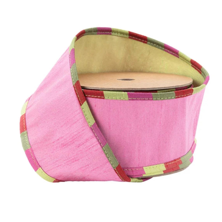 2.5" Pink &amp; Apple Green Reversible Dupioni Wired Ribbon with Aspen Check Trim, 10 Yard Roll