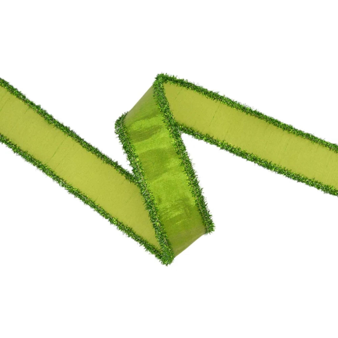 1.5" Metallic Lime Green Dupioni Wired Ribbon with Tinsel Edge, 10 Yard Roll