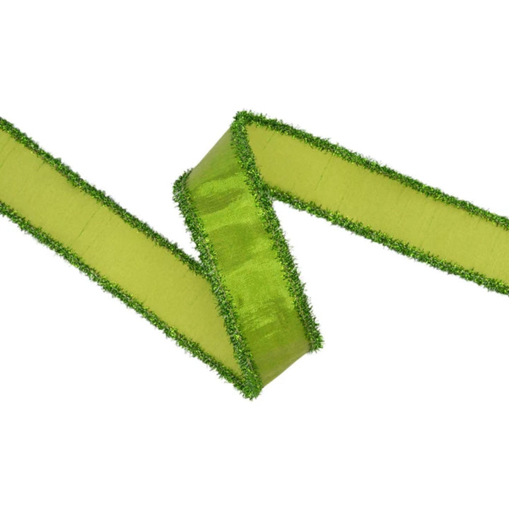 1.5" Metallic Lime Green Dupioni Wired Ribbon with Tinsel Edge, 10 Yard Roll
