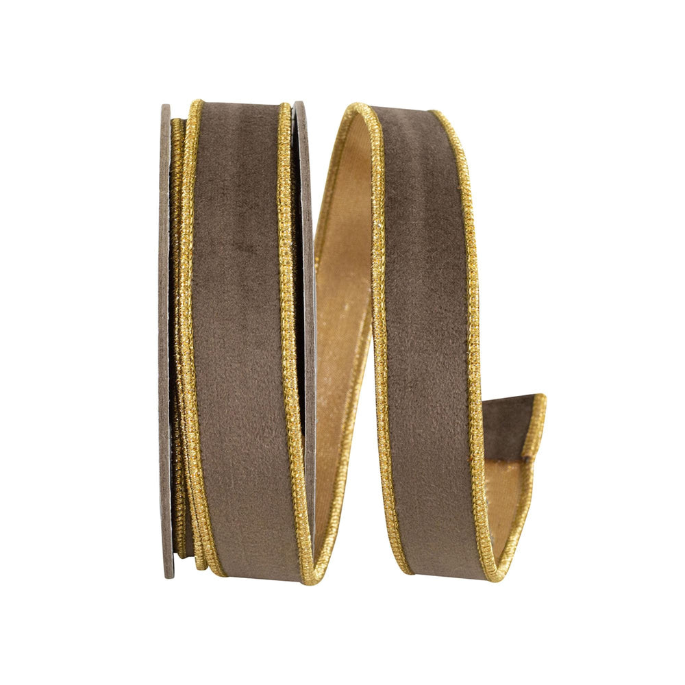 1" Brown Velvet Wired Ribbon with Gold Metallic Dupioni Backing, 5 Yard Roll