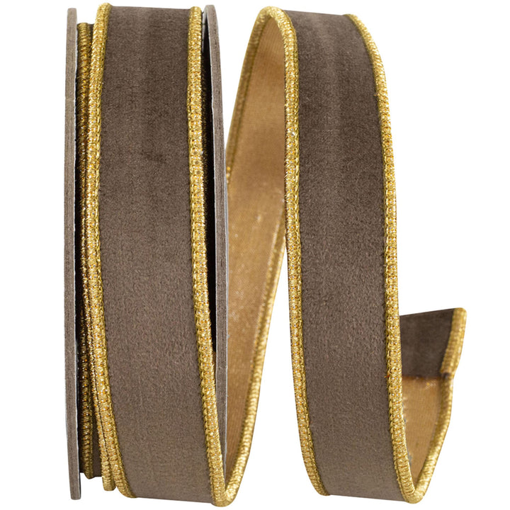 1" Brown Velvet Wired Ribbon with Gold Metallic Dupioni Backing, 5 Yard Roll