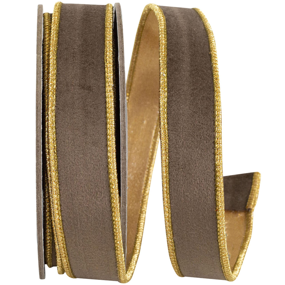 1" Brown Velvet Wired Ribbon with Gold Metallic Dupioni Backing, 5 Yard Roll