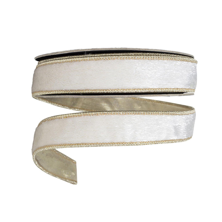 1" White Velvet Wired Ribbon with Gold Metallic Dupioni Backing, 10 Yard Roll