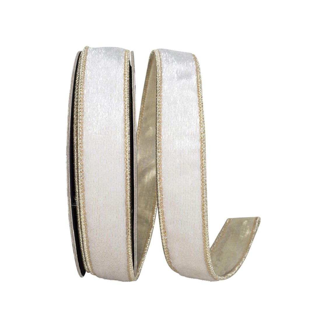 1" White Velvet Wired Ribbon with Gold Metallic Dupioni Backing, 10 Yard Roll