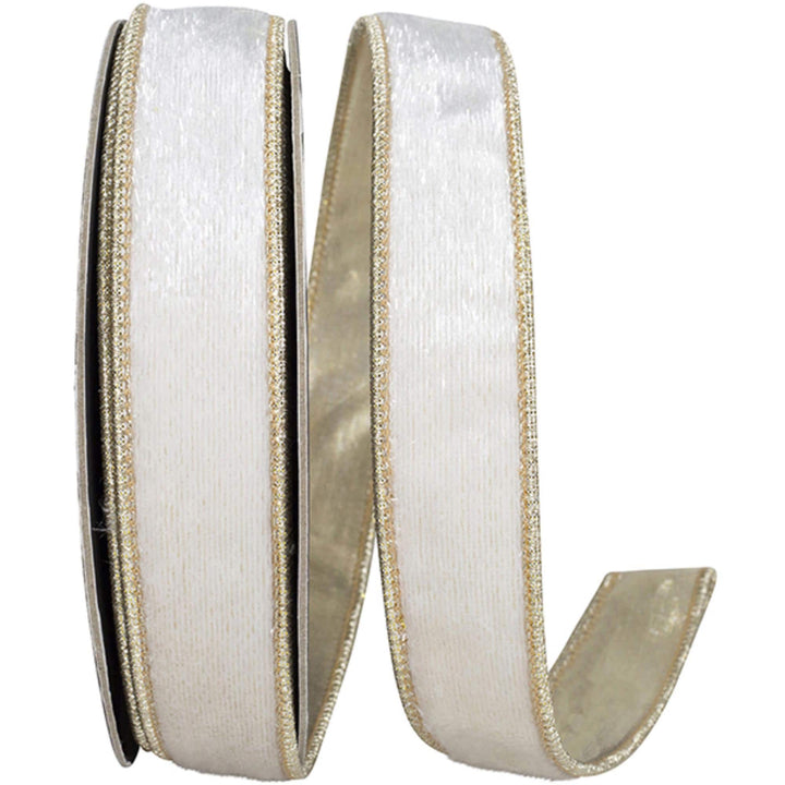 1" White Velvet Wired Ribbon with Gold Metallic Dupioni Backing, 10 Yard Roll
