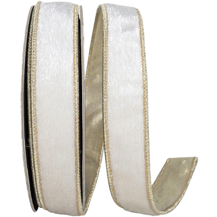 1" White Velvet Wired Ribbon with Gold Metallic Dupioni Backing, 10 Yard Roll