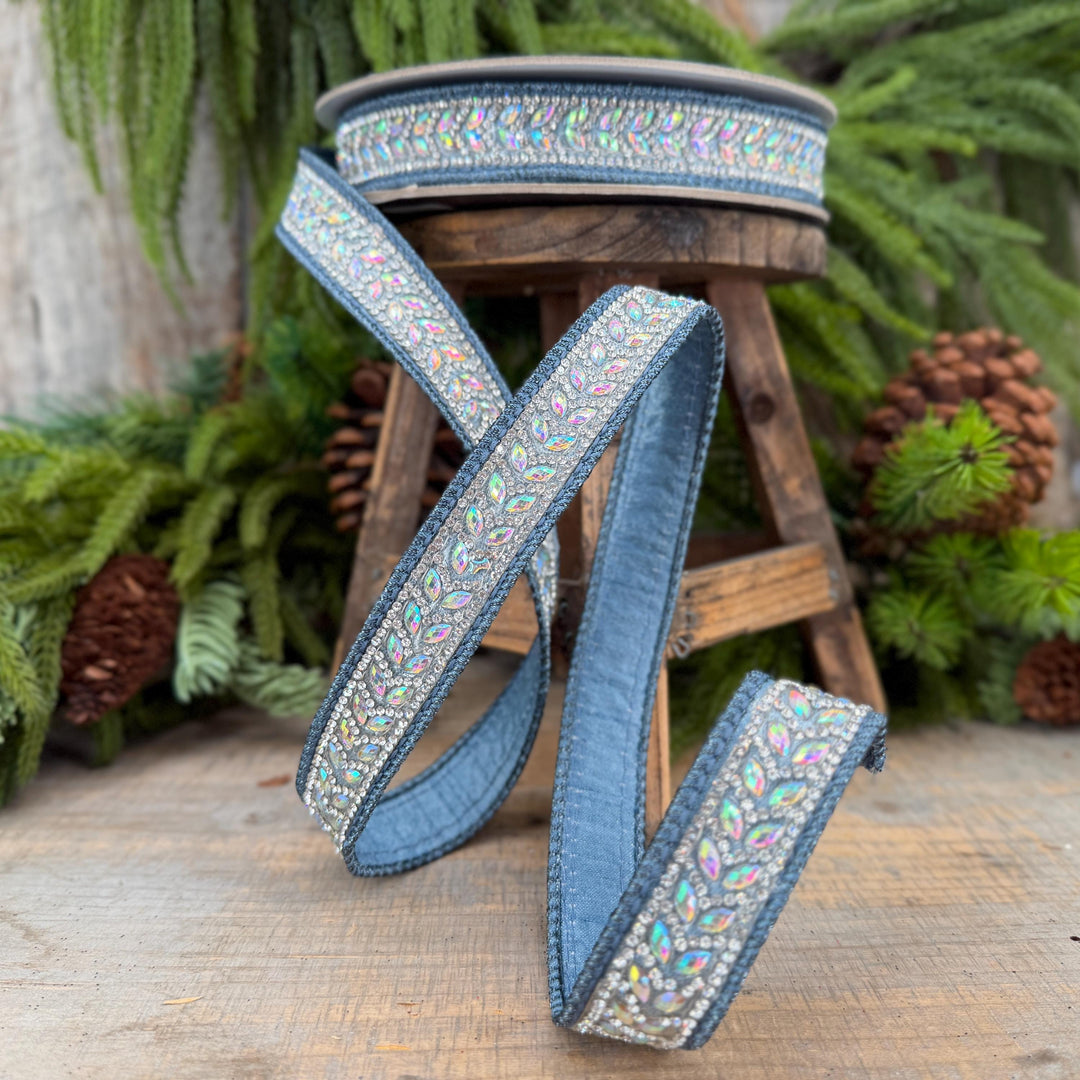 1" Steel Blue Jeweled Ribbon, Blue Mystic Diamonds Ribbon, Farrisilk Ribbon