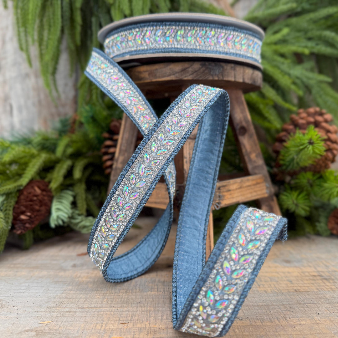 1" Steel Blue Jeweled Ribbon, Blue Mystic Diamonds Ribbon, Farrisilk Ribbon