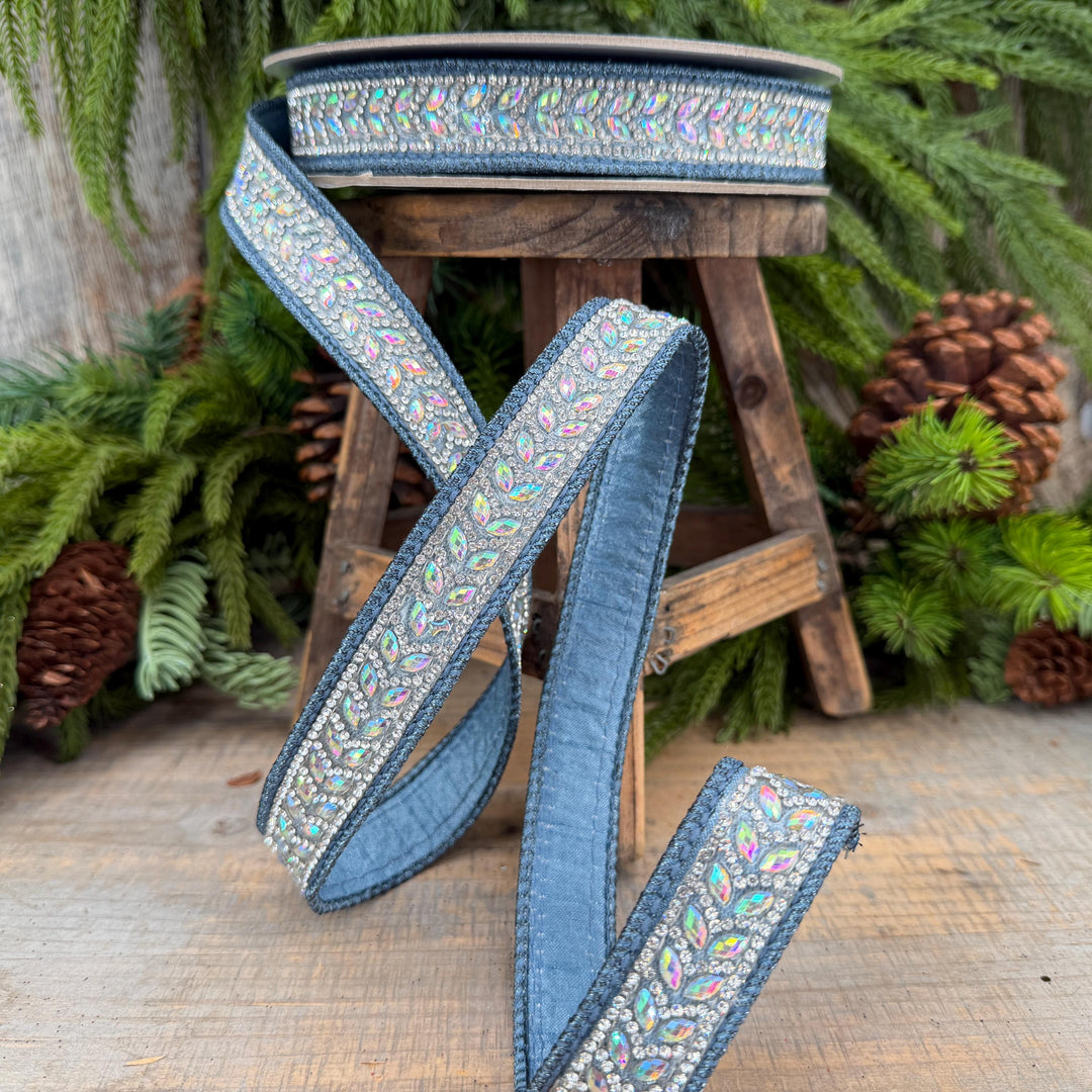 1" Steel Blue Jeweled Ribbon, Blue Mystic Diamonds Ribbon, Farrisilk Ribbon