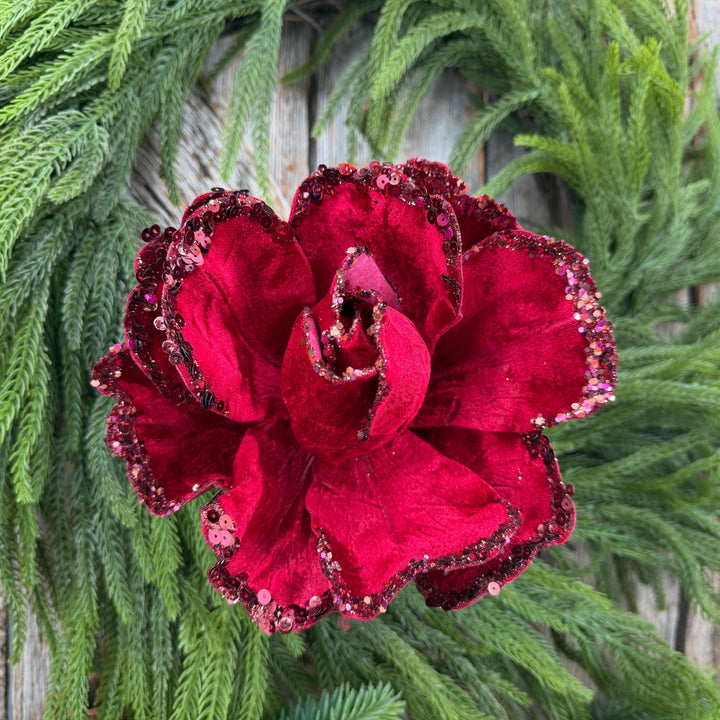 7" Jubilee Rose Ruby Velvet Flower, Farrisilk Christmas Rose