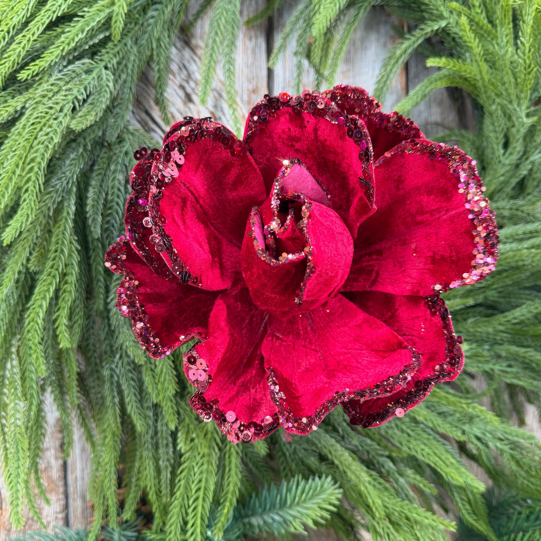 7" Jubilee Rose Ruby Velvet Flower, Farrisilk Christmas Rose