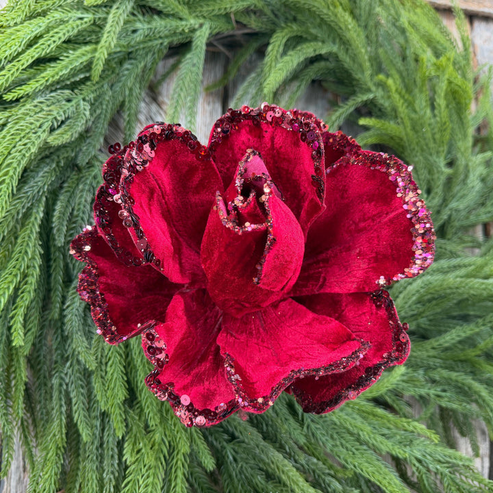 7" Jubilee Rose Ruby Velvet Flower, Farrisilk Christmas Rose