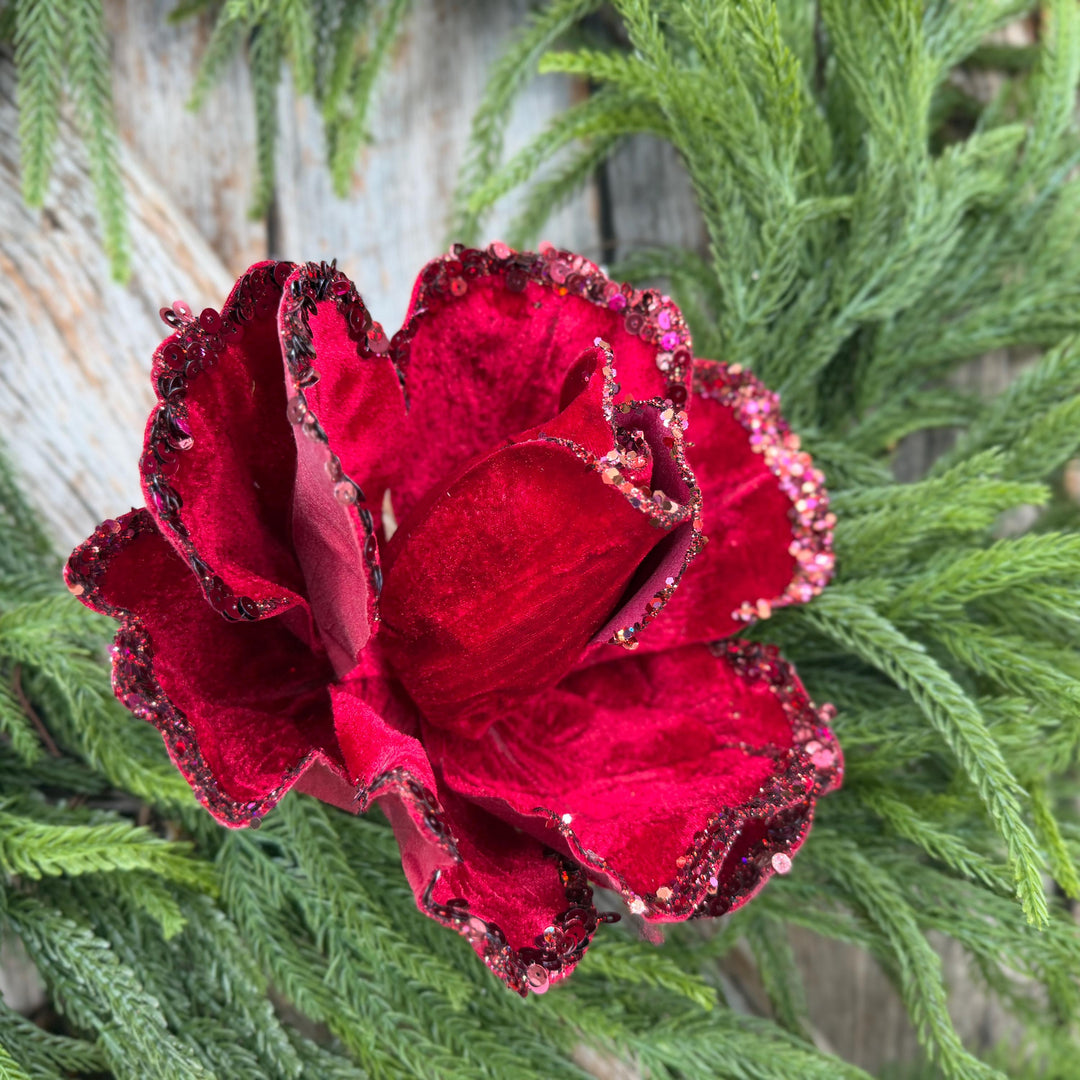 7" Jubilee Rose Ruby Velvet Flower, Farrisilk Christmas Rose