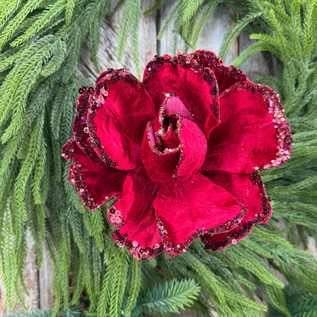 7" Jubilee Rose Ruby Velvet Flower, Farrisilk Christmas Rose