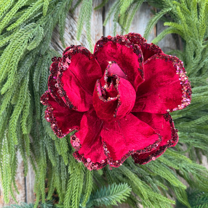 7" Jubilee Rose Ruby Velvet Flower, Farrisilk Christmas Rose