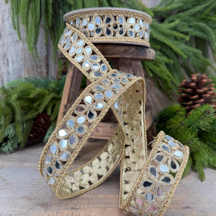 1.5" Jeweled Ribbon, Farrisilk Gold Silver Golden Shard Ribbon, Christmas Ribbon