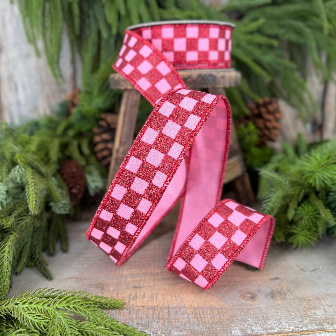 1.5" Pink Red Glitter Check Ribbon, Christmas Ribbon