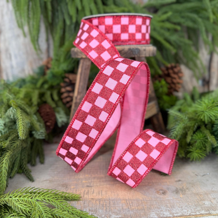 1.5" Pink Red Glitter Check Ribbon, Christmas Ribbon