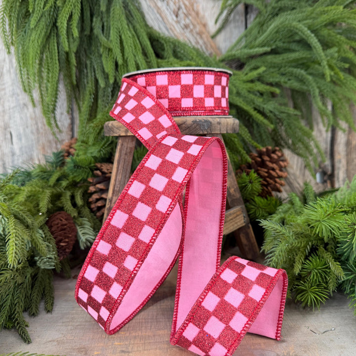 1.5" Pink Red Glitter Check Ribbon, Christmas Ribbon
