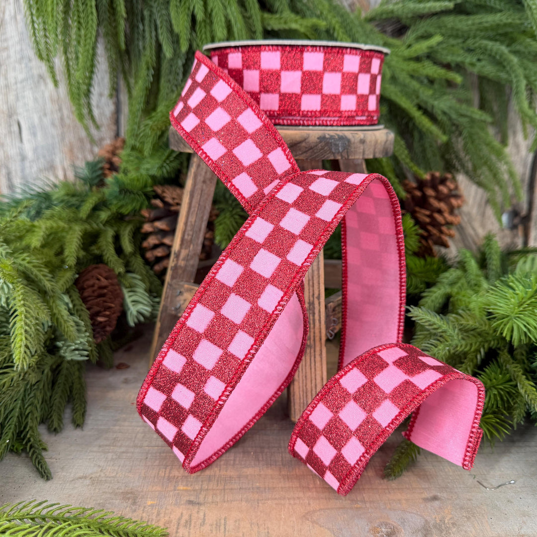 1.5" Pink Red Glitter Check Ribbon, Christmas Ribbon