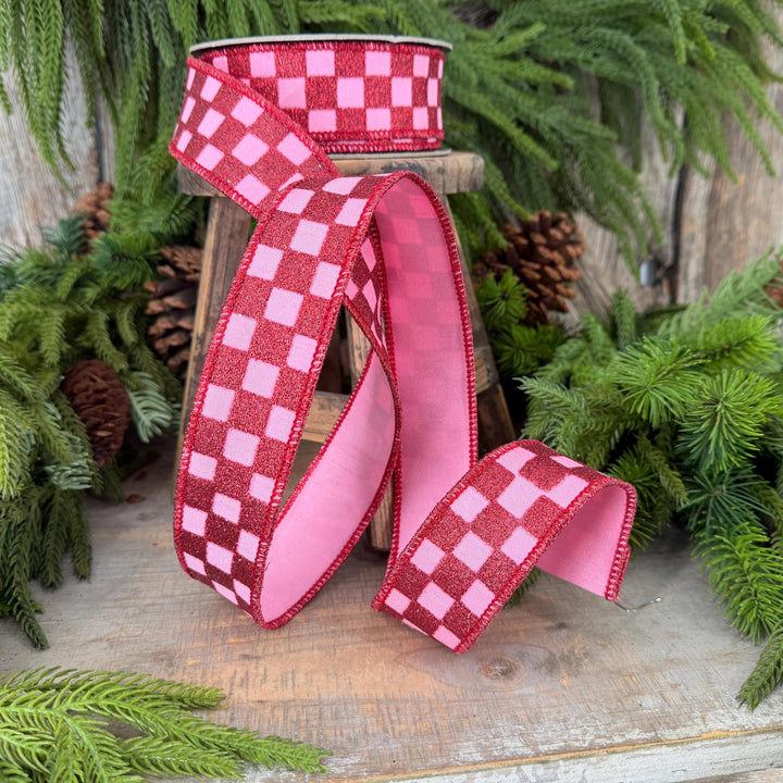 1.5" Pink Red Glitter Check Ribbon, Christmas Ribbon