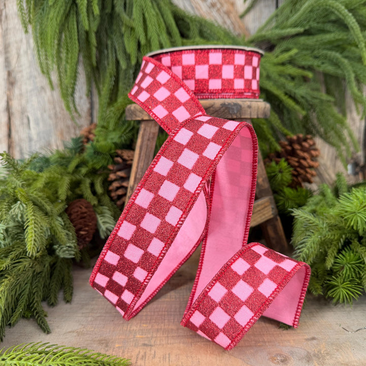 1.5" Pink Red Glitter Check Ribbon, Christmas Ribbon
