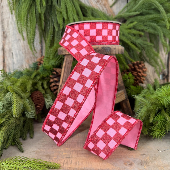 1.5" Pink Red Glitter Check Ribbon, Christmas Ribbon