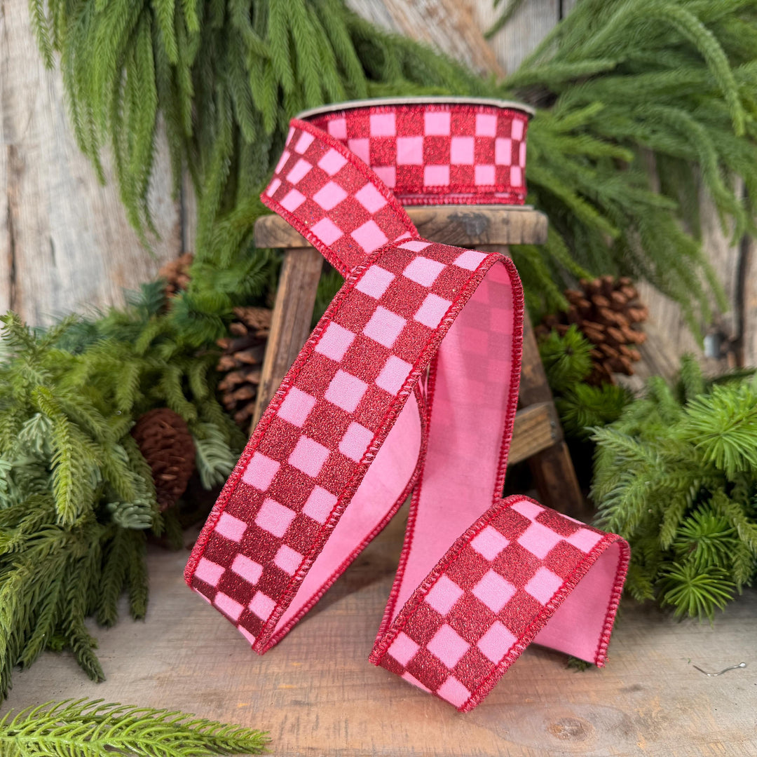 1.5" Pink Red Glitter Check Ribbon, Christmas Ribbon