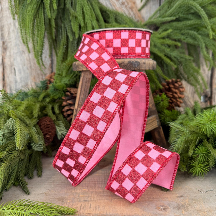 1.5" Pink Red Glitter Check Ribbon, Christmas Ribbon
