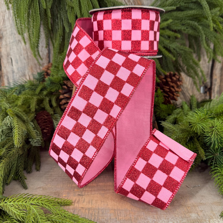 2.5" Pink Red Glitter Check Ribbon, Christmas Ribbon