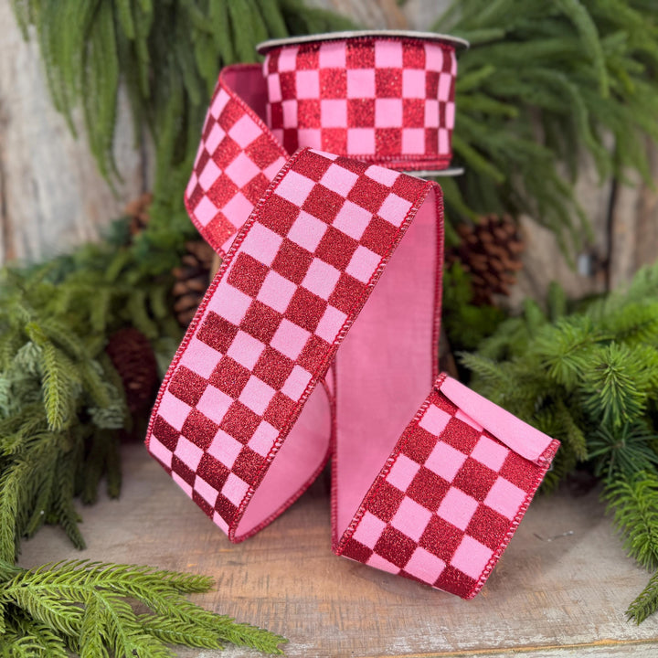 2.5" Pink Red Glitter Check Ribbon, Christmas Ribbon