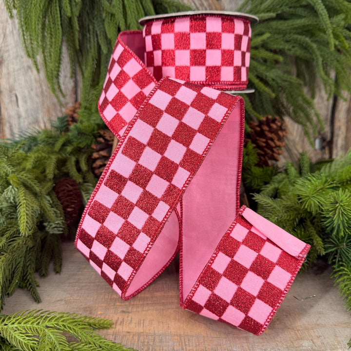 2.5" Pink Red Glitter Check Ribbon, Christmas Ribbon