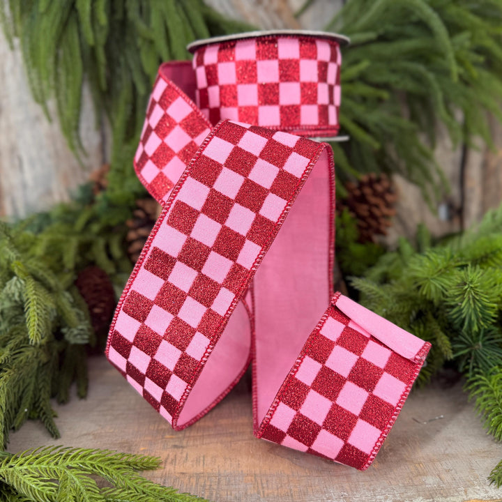 2.5" Pink Red Glitter Check Ribbon, Christmas Ribbon