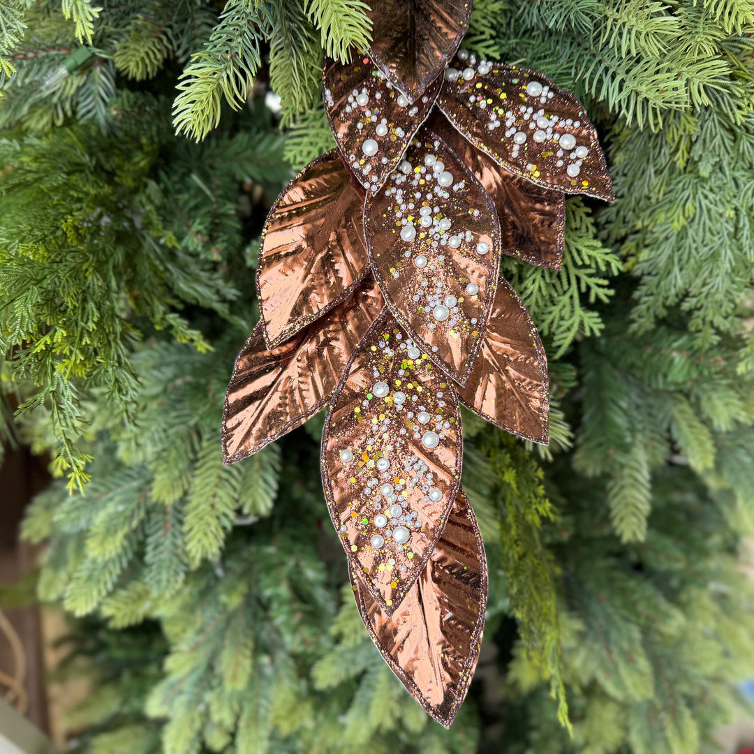29" Chocolate Pearl Leaf Spray, Pearl Glitter Christmas Pick, Holiday Wreath Filler
