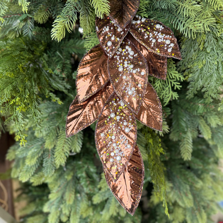 29" Chocolate Pearl Leaf Spray, Pearl Glitter Christmas Pick, Holiday Wreath Filler