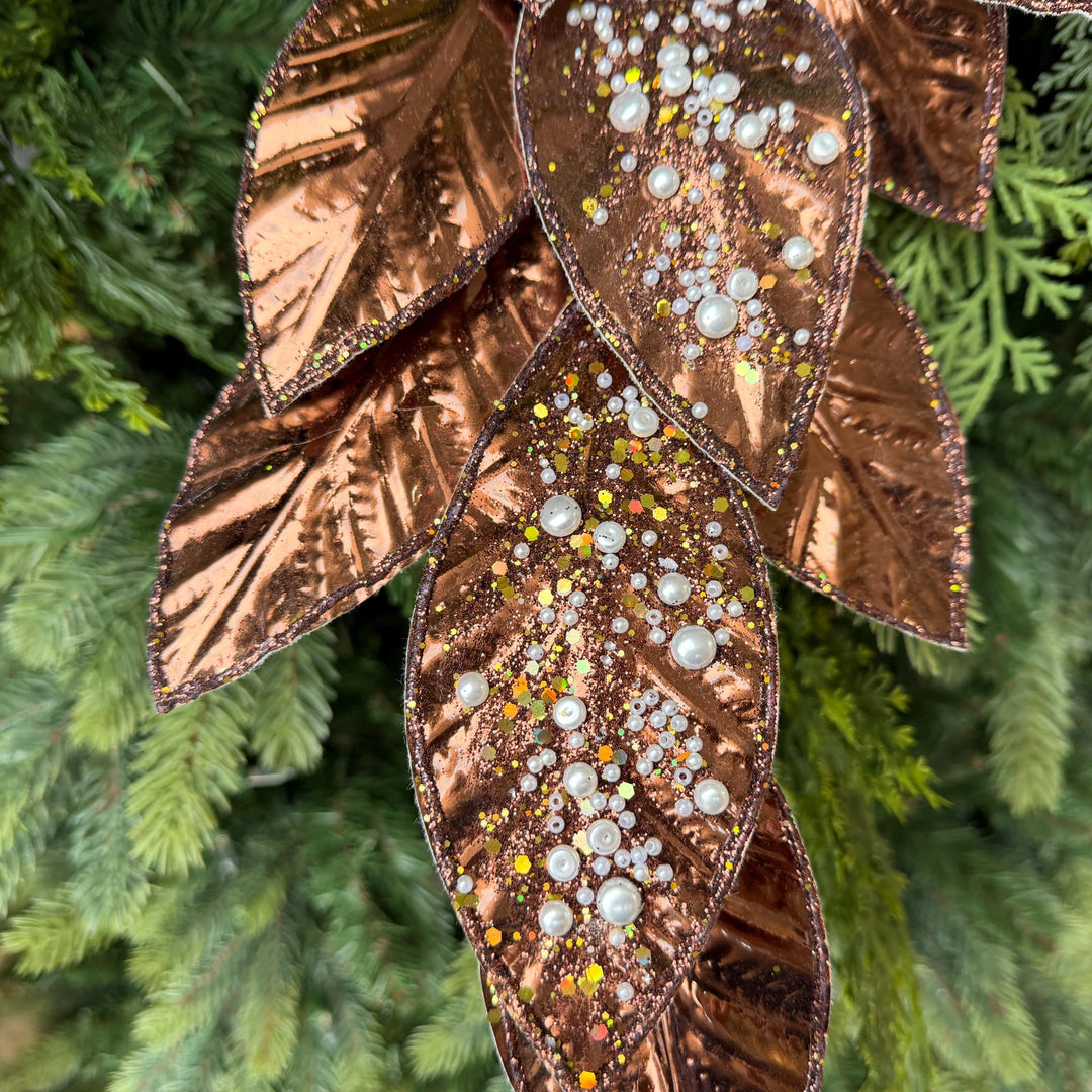 29" Chocolate Pearl Leaf Spray, Pearl Glitter Christmas Pick, Holiday Wreath Filler
