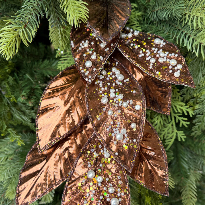 29" Chocolate Pearl Leaf Spray, Pearl Glitter Christmas Pick, Holiday Wreath Filler