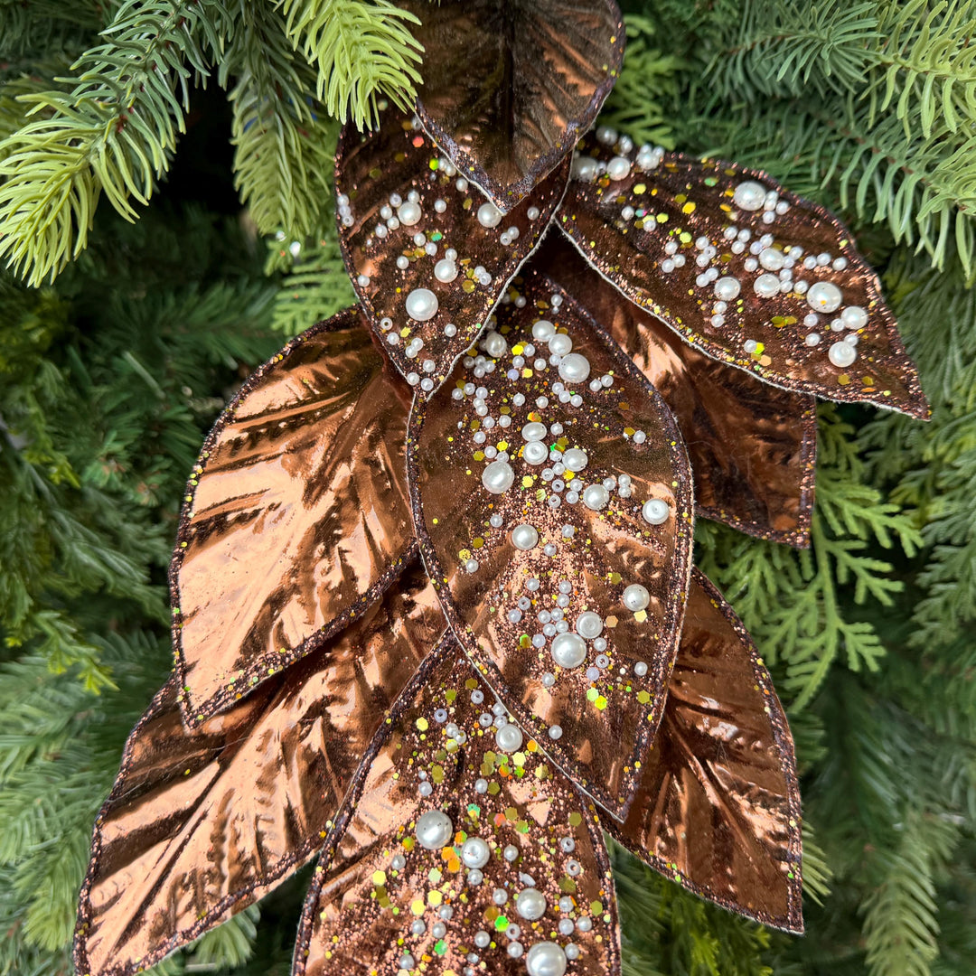 29" Chocolate Pearl Leaf Spray, Pearl Glitter Christmas Pick, Holiday Wreath Filler
