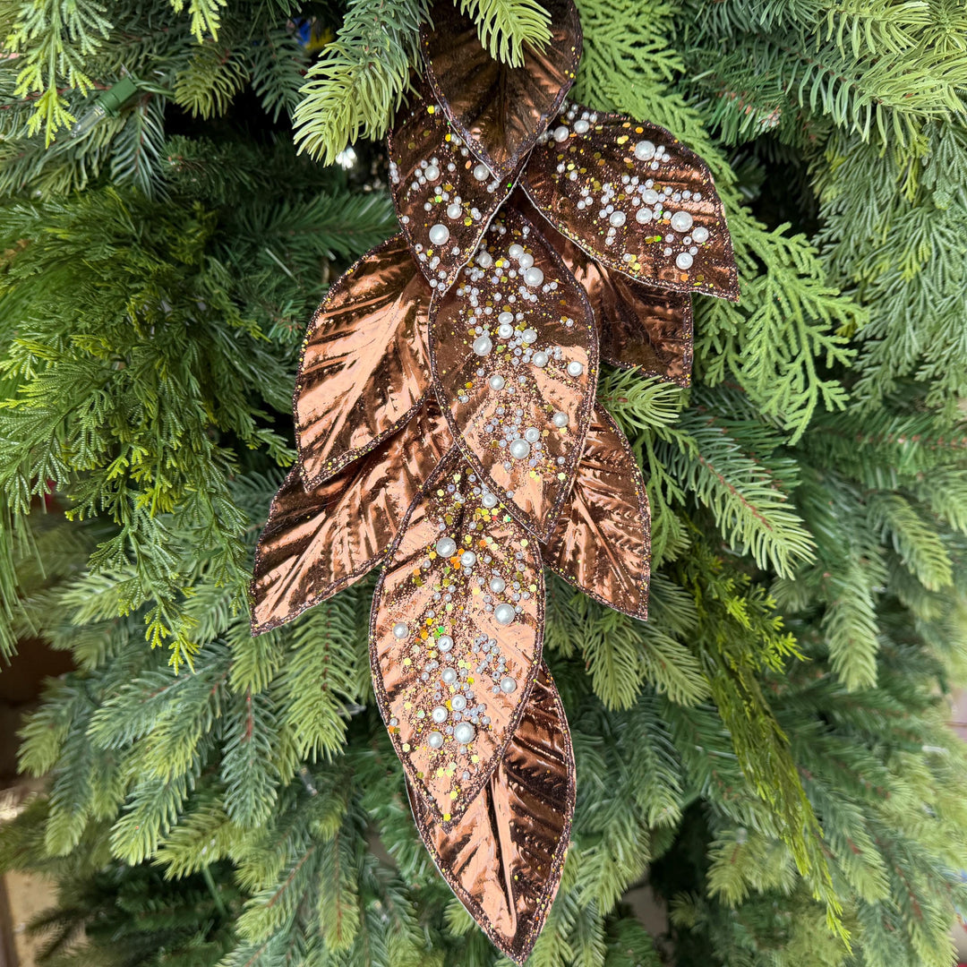 29" Chocolate Pearl Leaf Spray, Pearl Glitter Christmas Pick, Holiday Wreath Filler