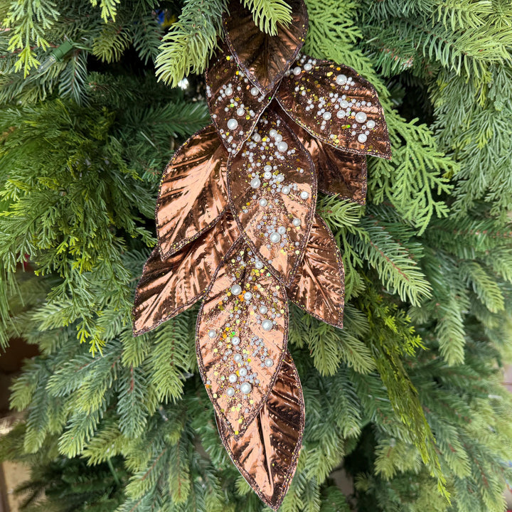 29" Chocolate Pearl Leaf Spray, Pearl Glitter Christmas Pick, Holiday Wreath Filler