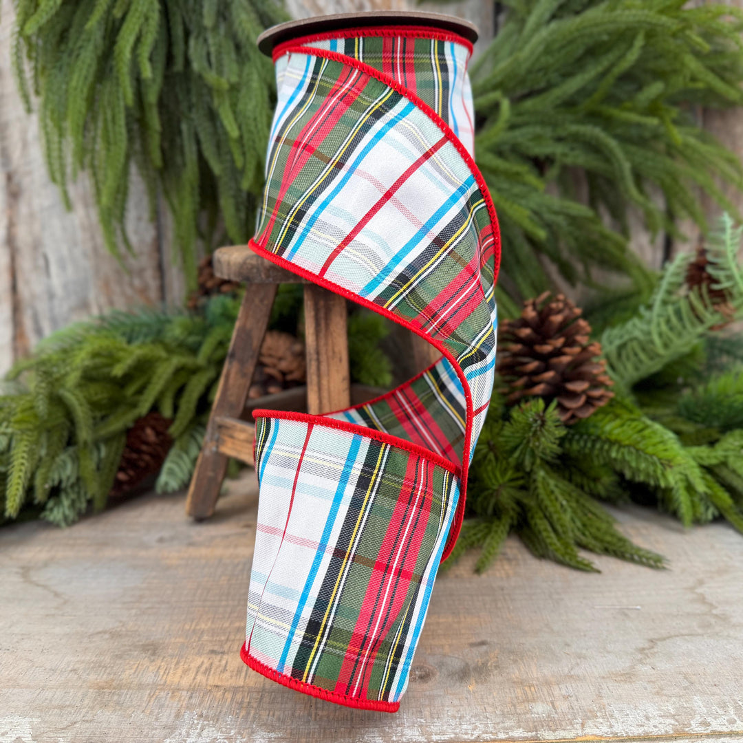 4" White Stewart Christmas Plaid Ribbon, Tartan Plaid Ribbon
