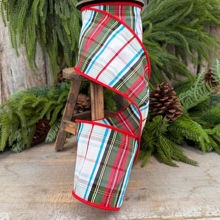 4" White Stewart Christmas Plaid Ribbon, Tartan Plaid Ribbon